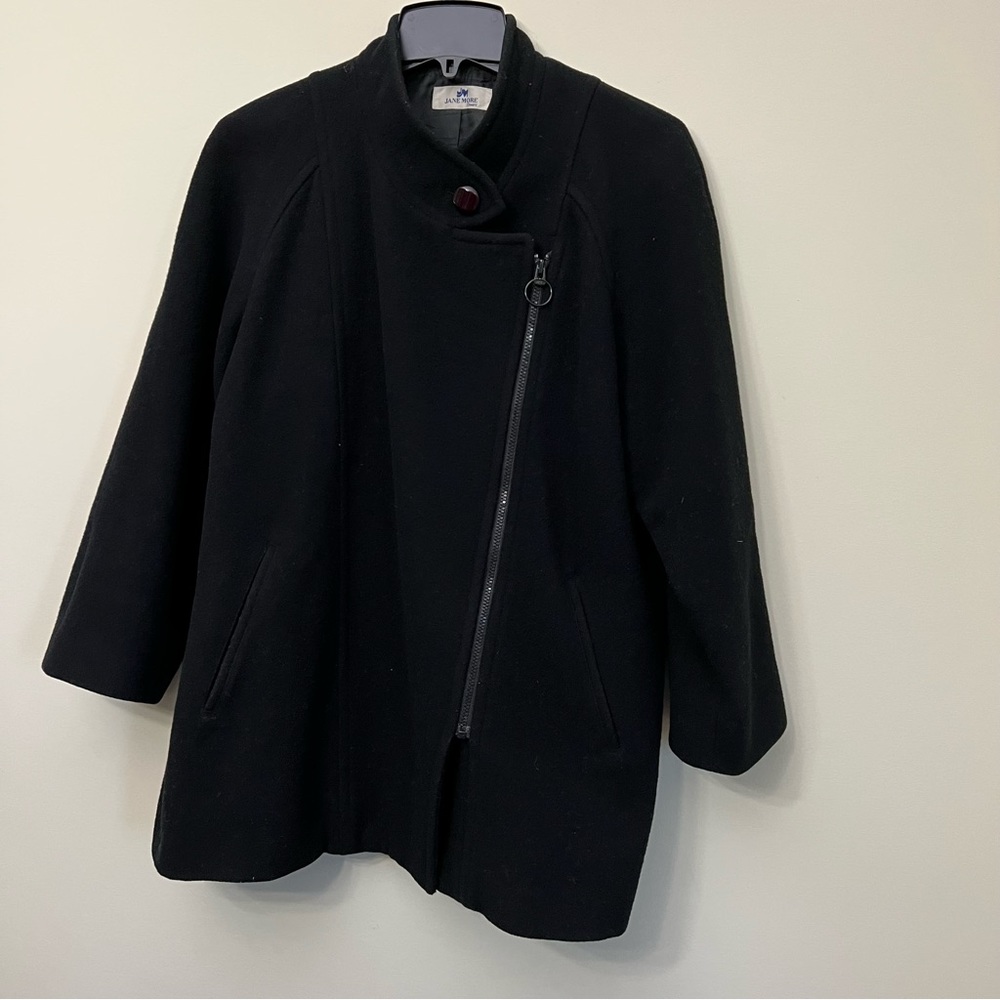 Black wool jacket long pea coat women’s Medium asymmetrical zipper lined